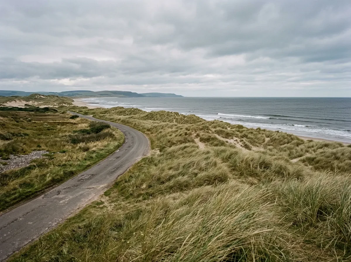 A flat coastal road beside dunes and sea grass