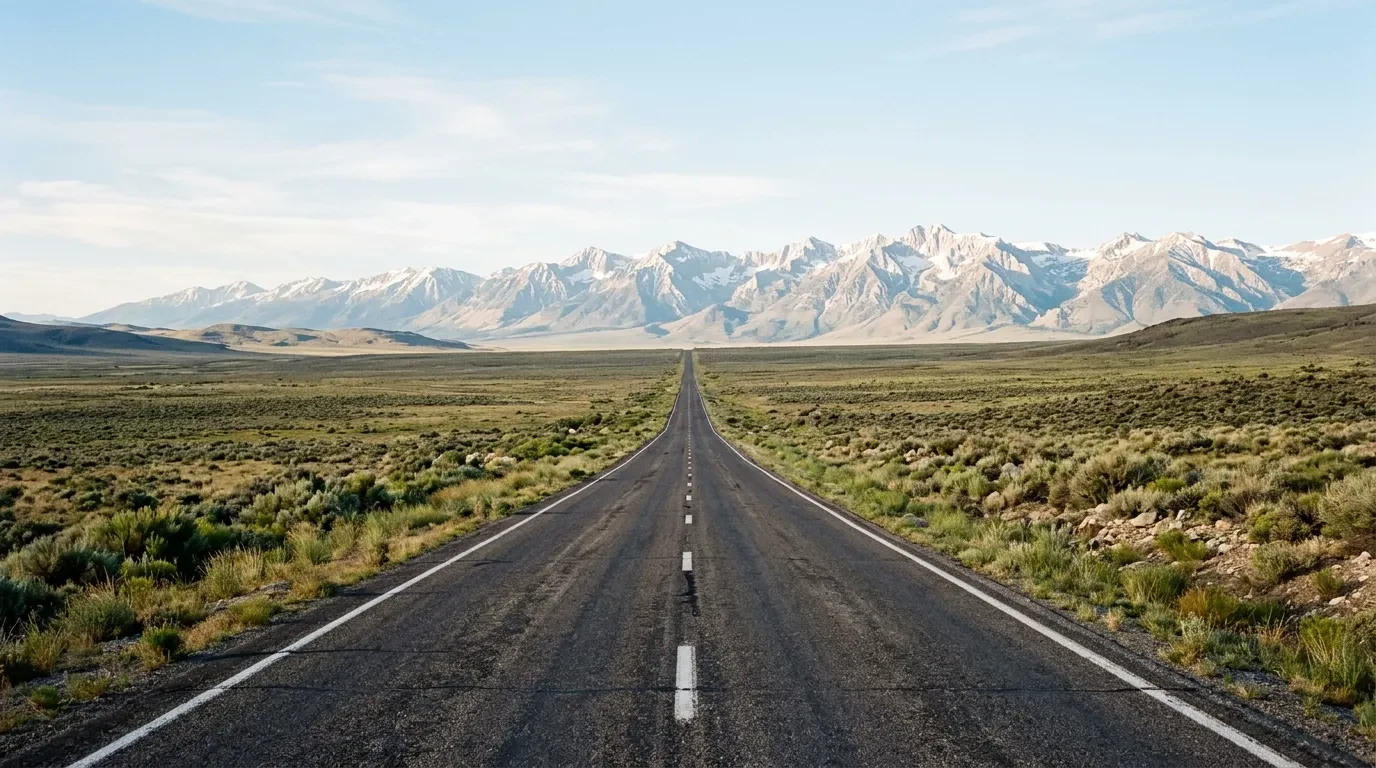 A long road across an open plateau toward distant mountains