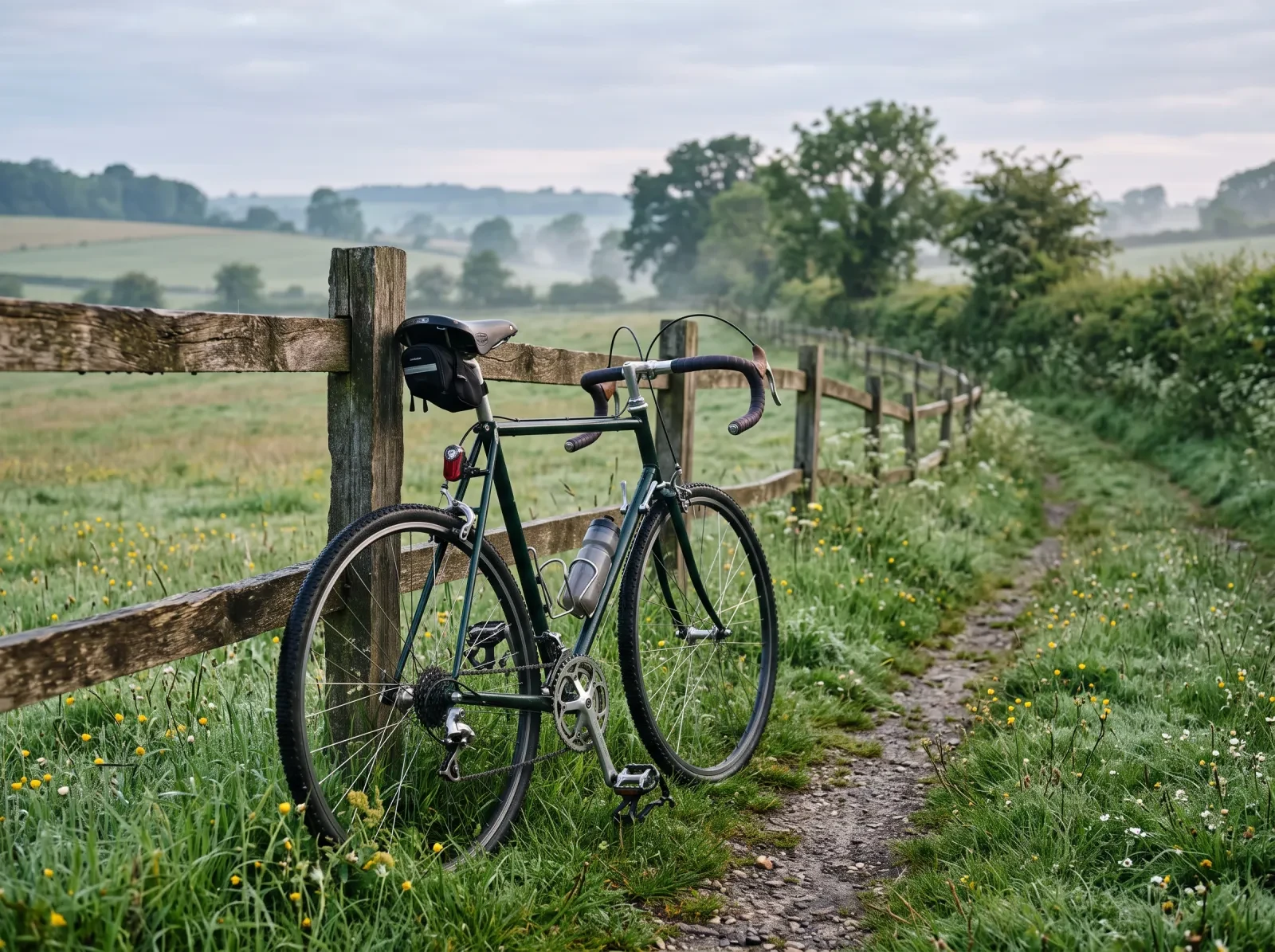 A road bicycle leaning against a wooden fence at sunrise