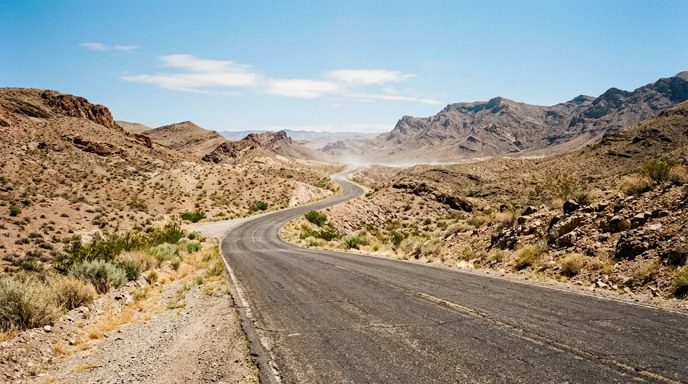A hot dry road through rocky hills under midday sun