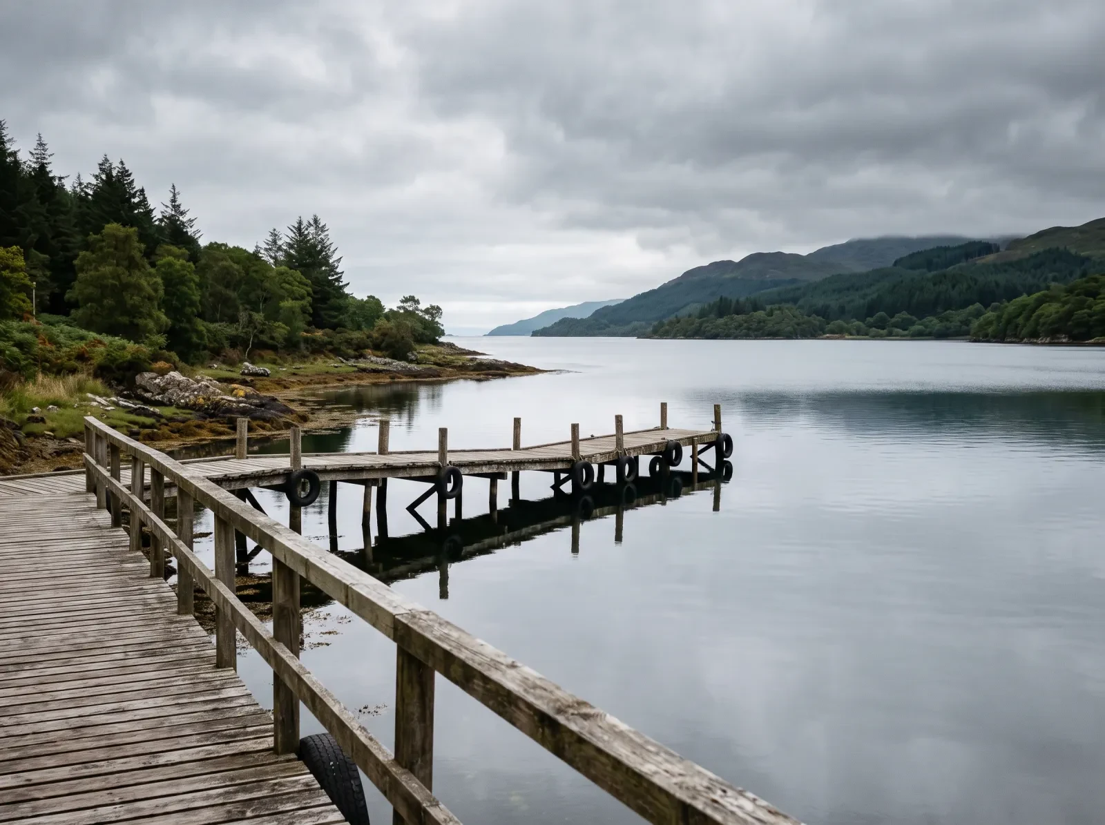 A sheltered bay with flat water and wooden pontoons
