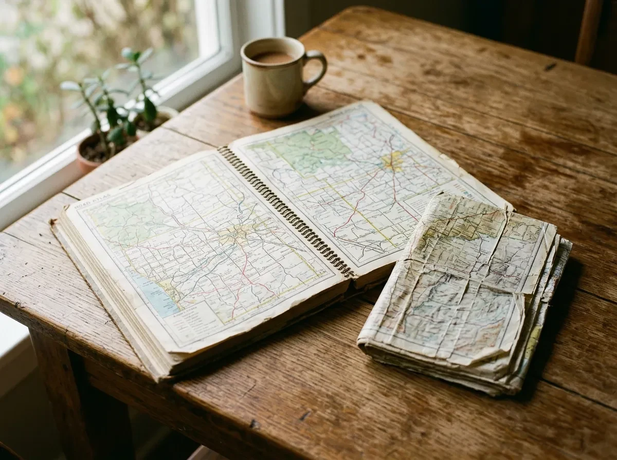 An open road atlas and a folded paper map on a wooden table