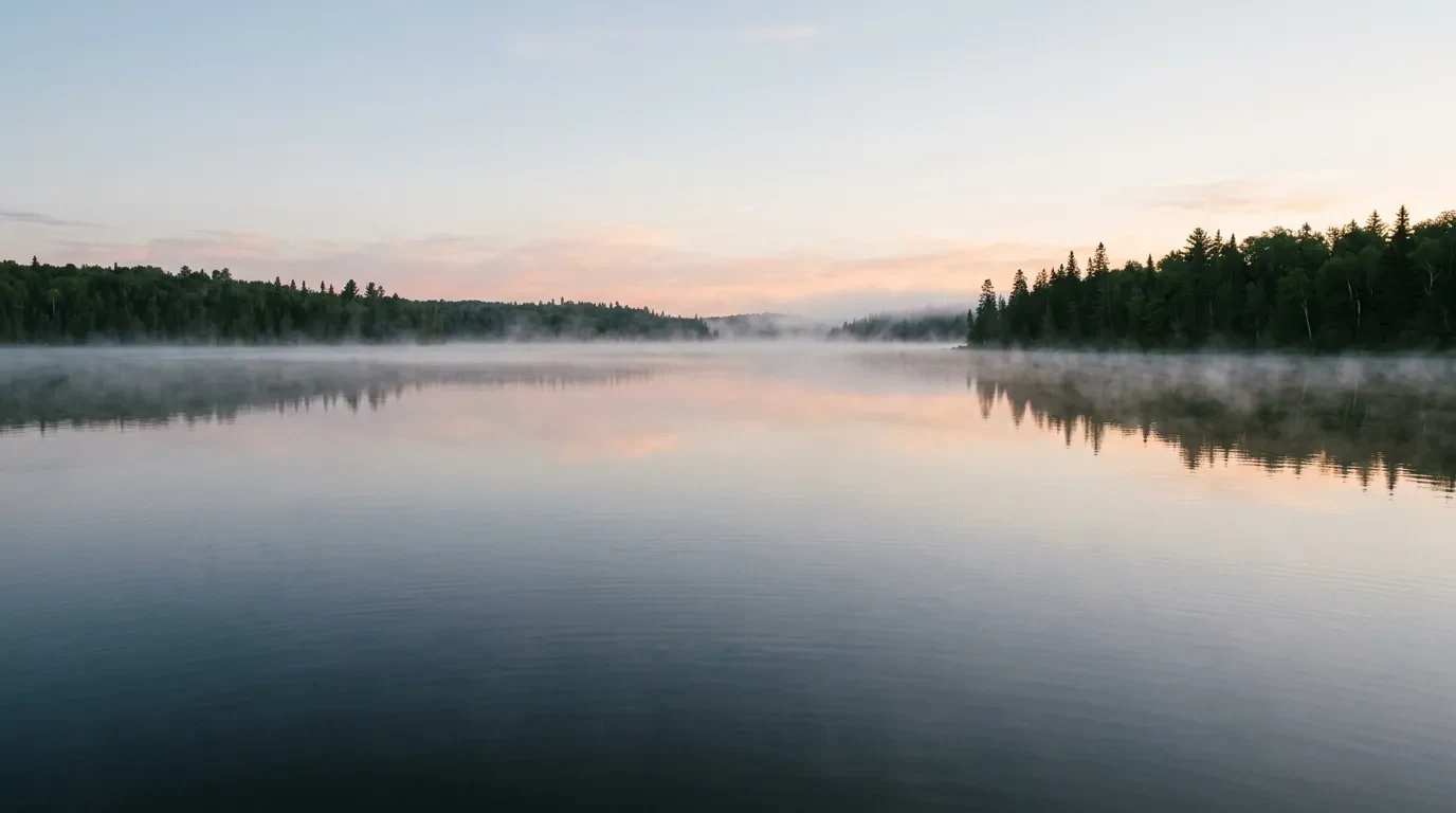 A large lake at first light with mist over the surface