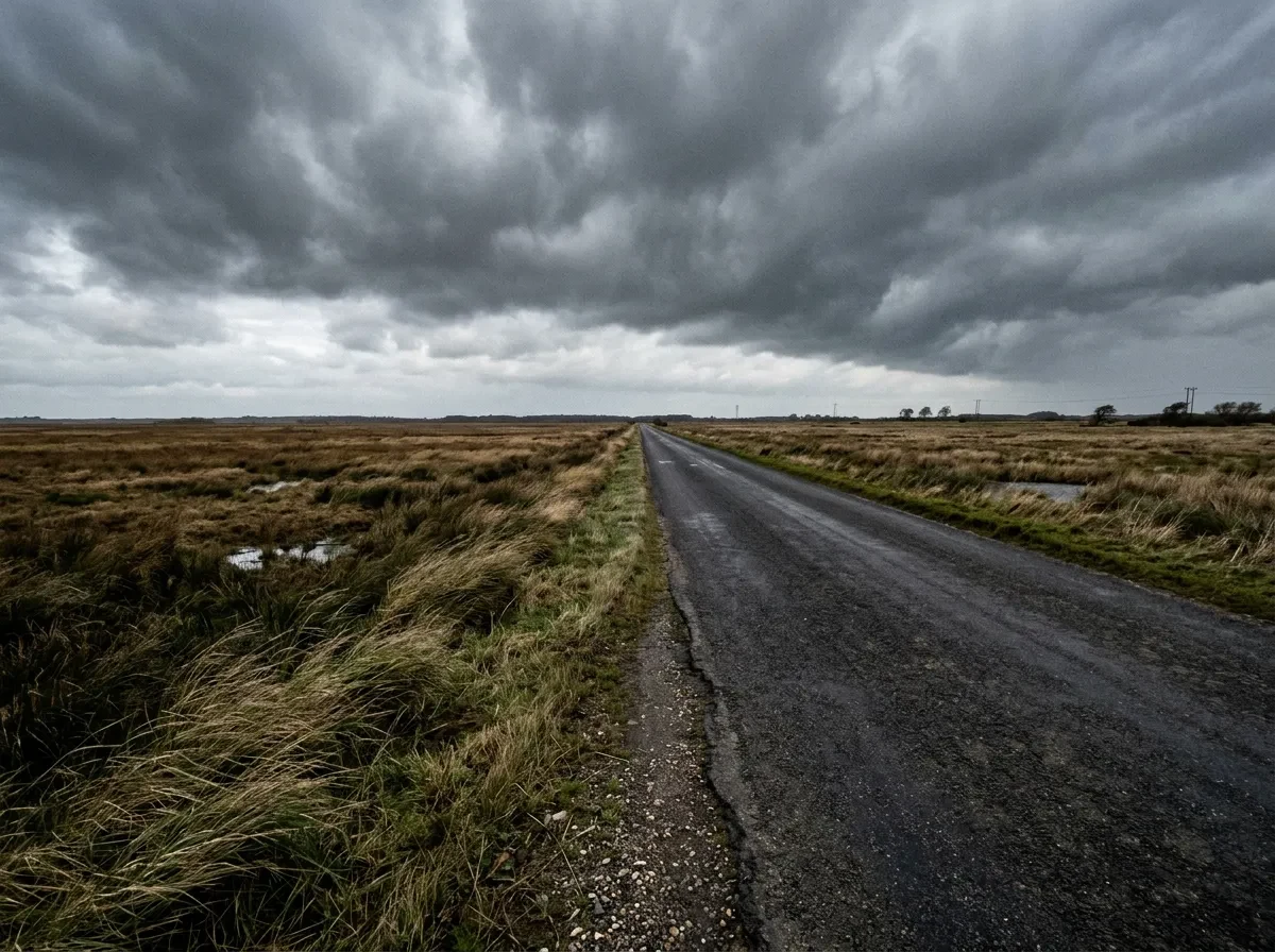 An exposed flat road through marshland under a heavy sky