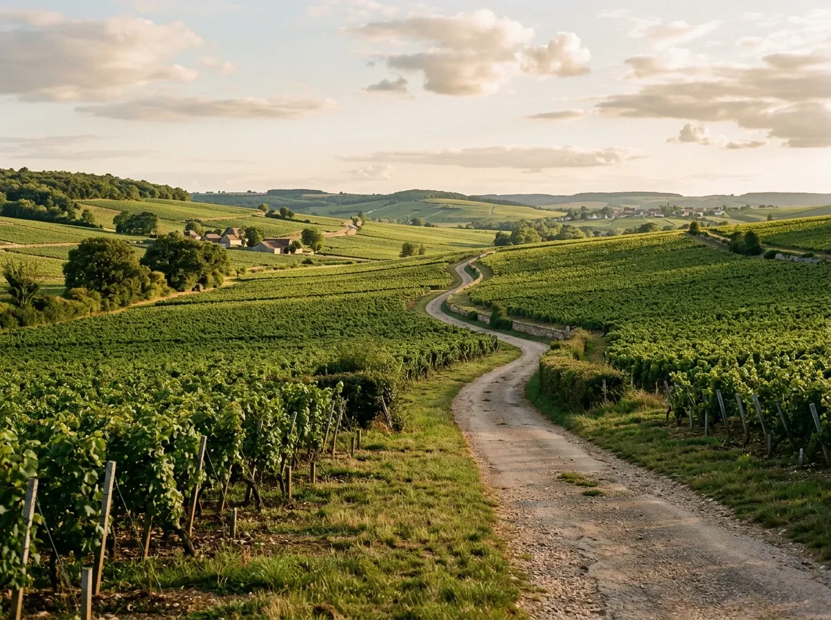 A rolling country road through vineyards in late afternoon