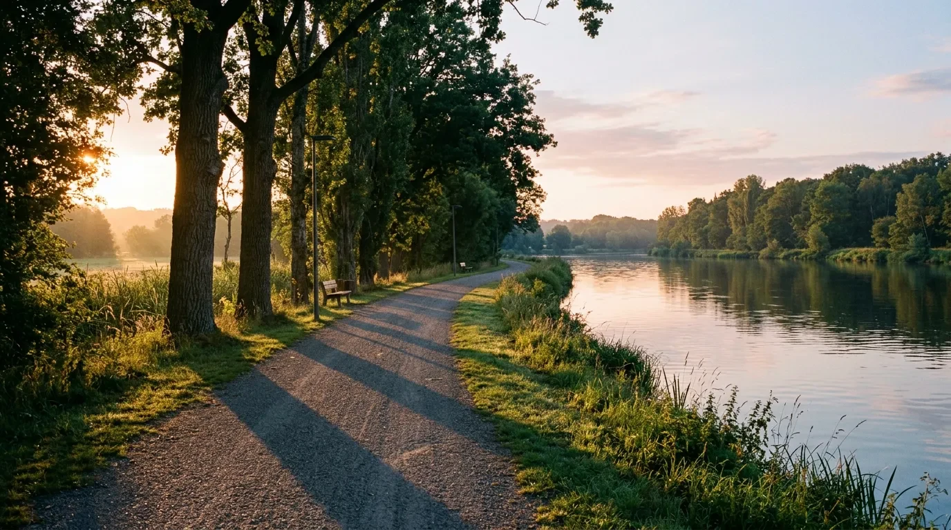 An empty riverside path at dawn with long tree shadows