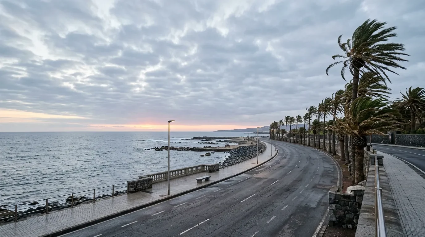 A flat seafront road along a calm sea, palm trees bent by the wind