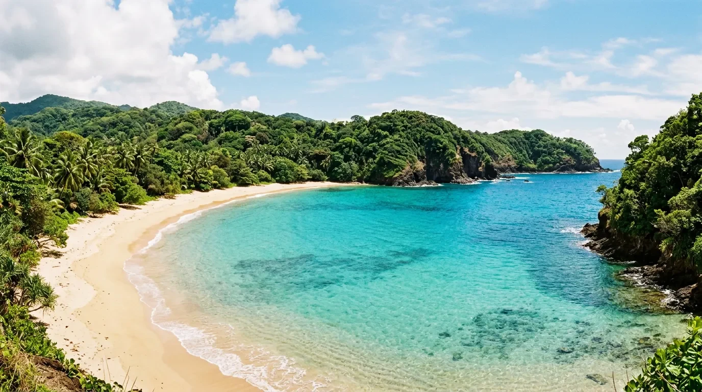 A tropical bay with warm turquoise water and a sandy shore