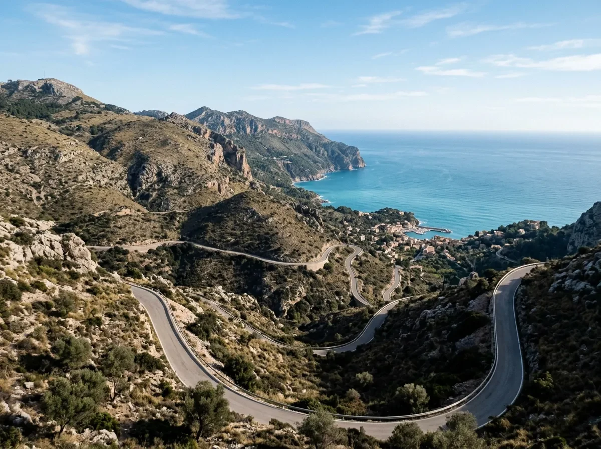 A winding road descending through hills toward the coast
