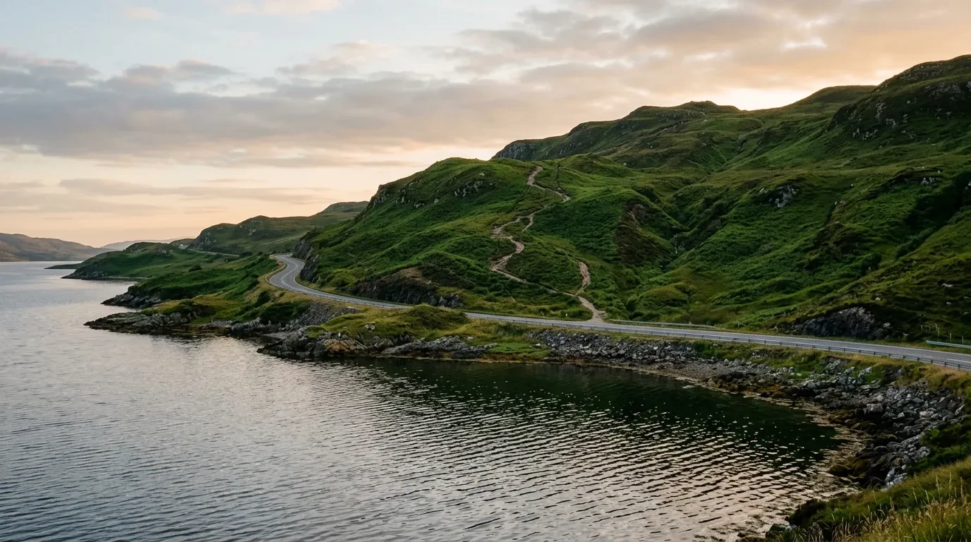 Open water, a coastal road and a path climbing a green hill