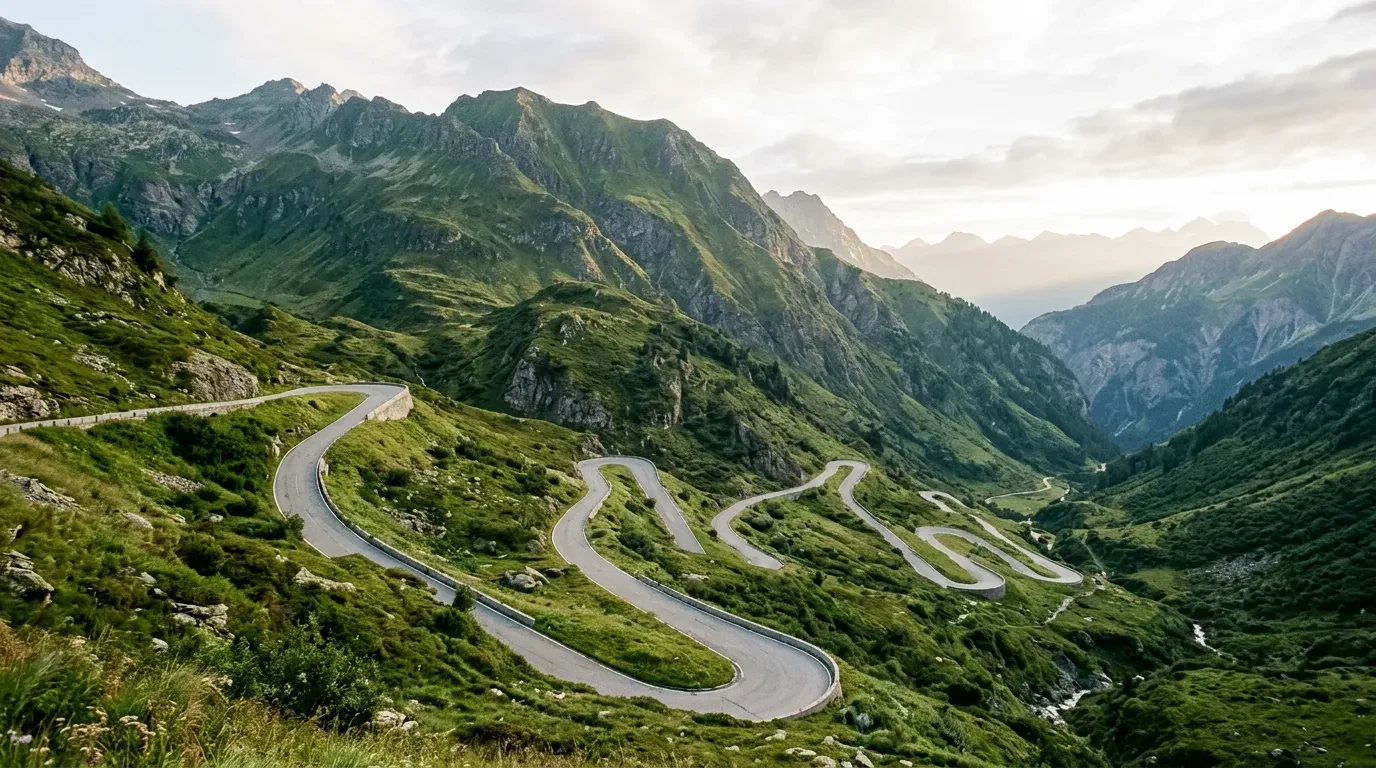 A mountain road with hairpin bends on a steep green slope