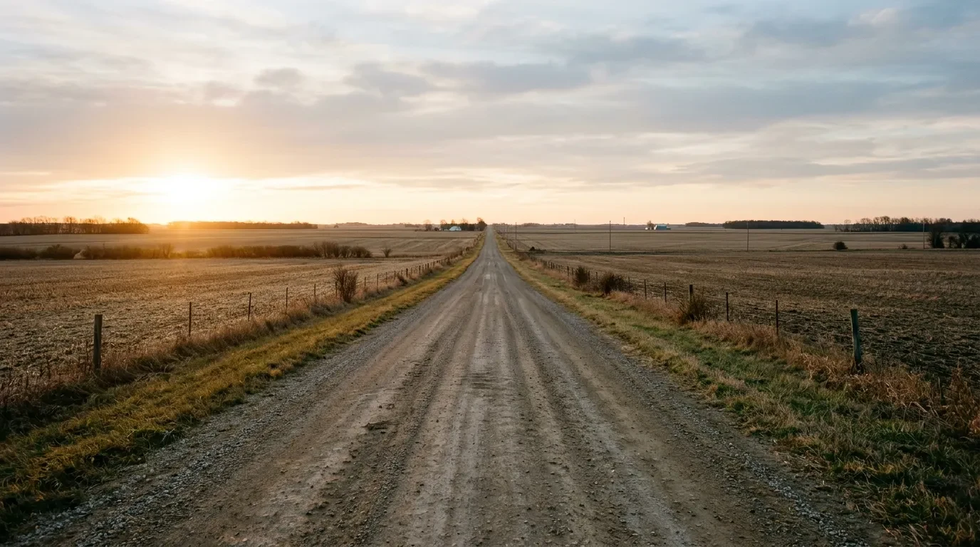 A straight empty road crossing flat farmland to the horizon