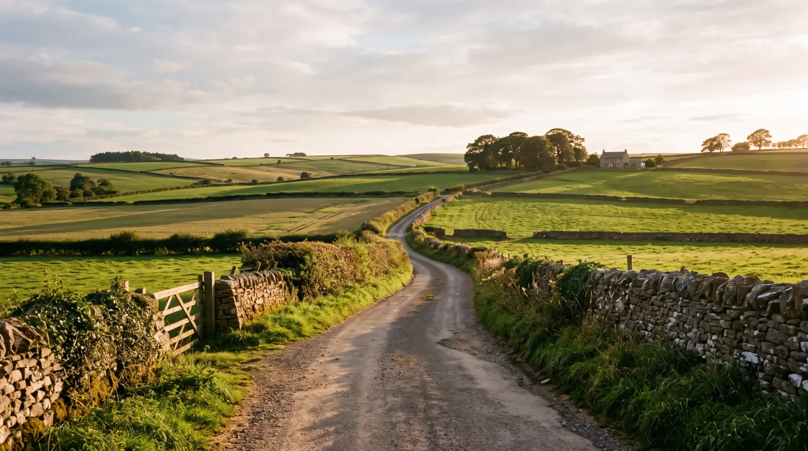 A country road rising gently through open farmland