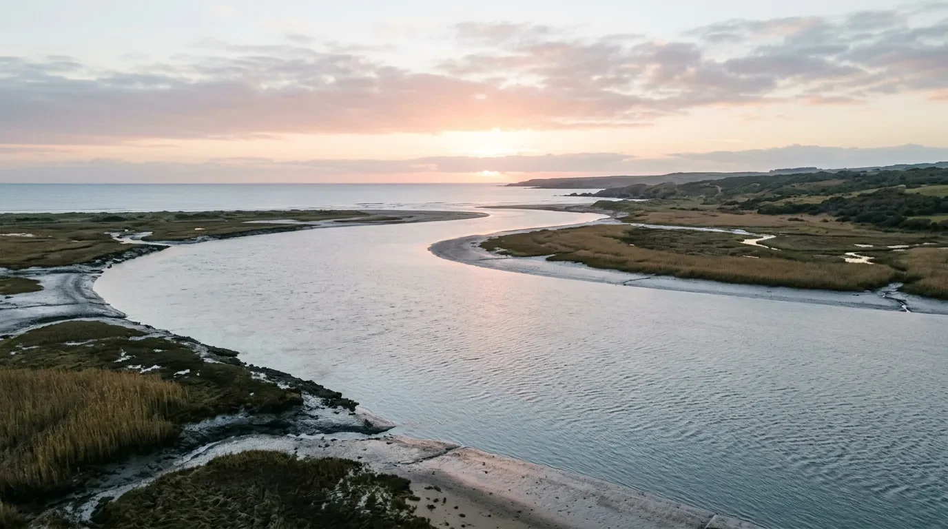 A wide river estuary at sunrise meeting the sea
